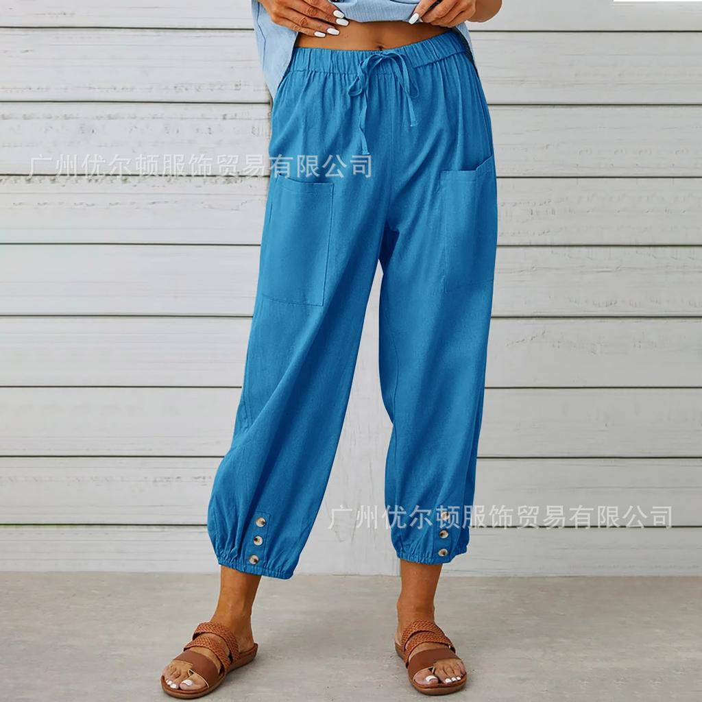 Women's High Waist Linen Pants Loose Fit Cropped Trousers Solid Drawstring Button Casual Fall Harem Pants