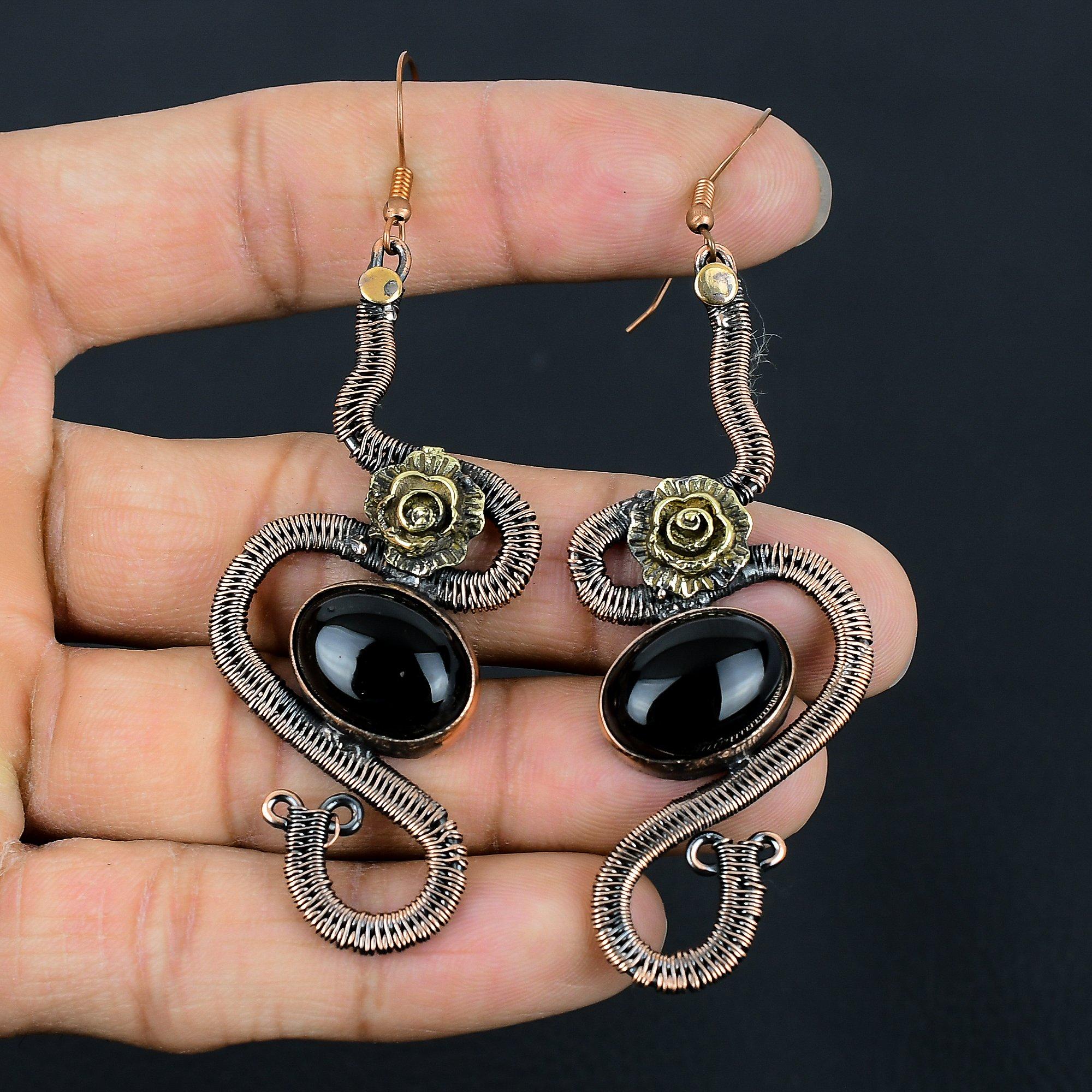 

Серьги из черного оникса, обернутые медной проволокой 999 пробы, Ювелирные изделия из драгоценных камней ручной работы, Подарки для жены, Совершенно новые серьги 2.55 Inches