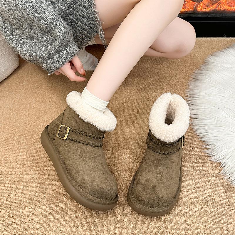 Women's Thick Bottom Winter Belt Buckle Fur One Foot Stirrup Lightweight Warm Anti Cold Padded Snow Boots Non-slip Wear Casual Sneakers Cotton Boots