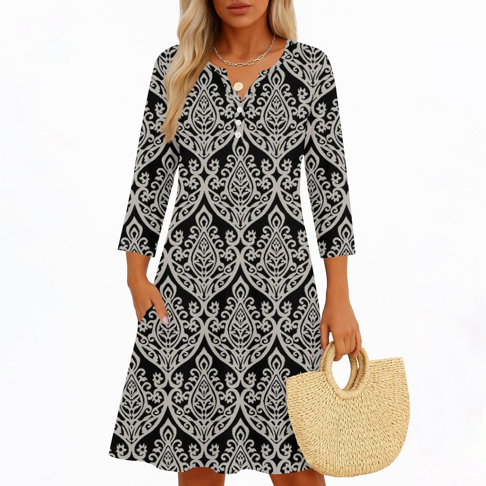 

Сукні Для Жінок Весняні Сарафани Жіноча Повсякденна Сукня з Рукавом 3/4 V-подібний Виріз Бохо Сукня з Квітковим Принтом XXL