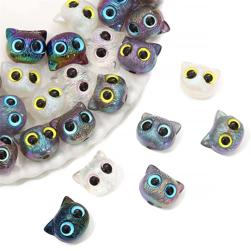 1pc Cartoon Big Eyed Cat Acrylic Owl 3D Cat Head Resin Beads Loose Spacer Beads For DIY Handmade Bracelet Material Jewelry Making Accessories
