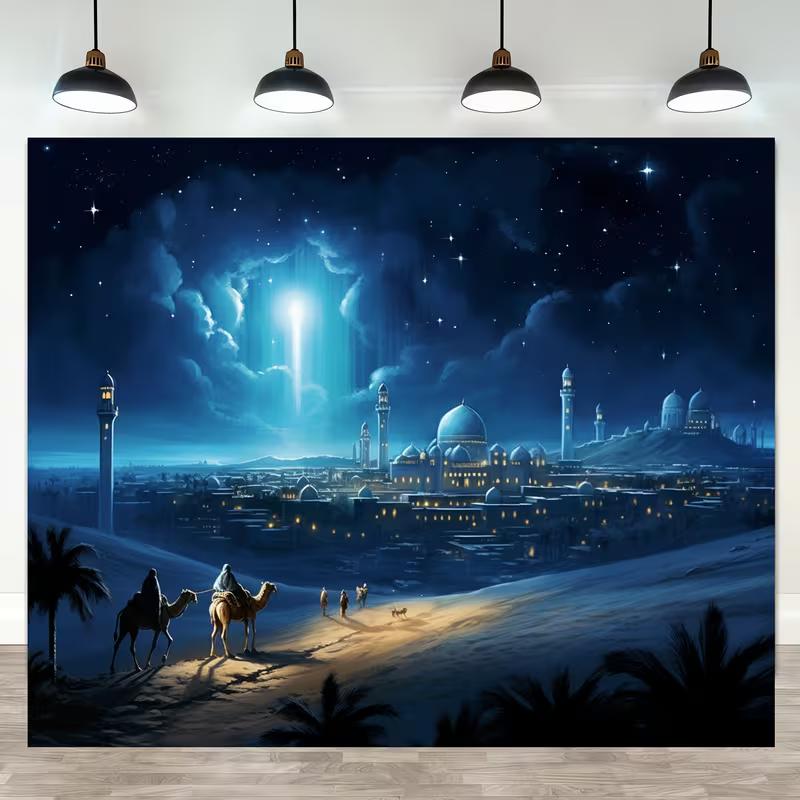 2D Flat Printing Nativity Backdrop, Three Kings & Bethlehem Background Cloth 47.2x31.5inch/120*80cm
