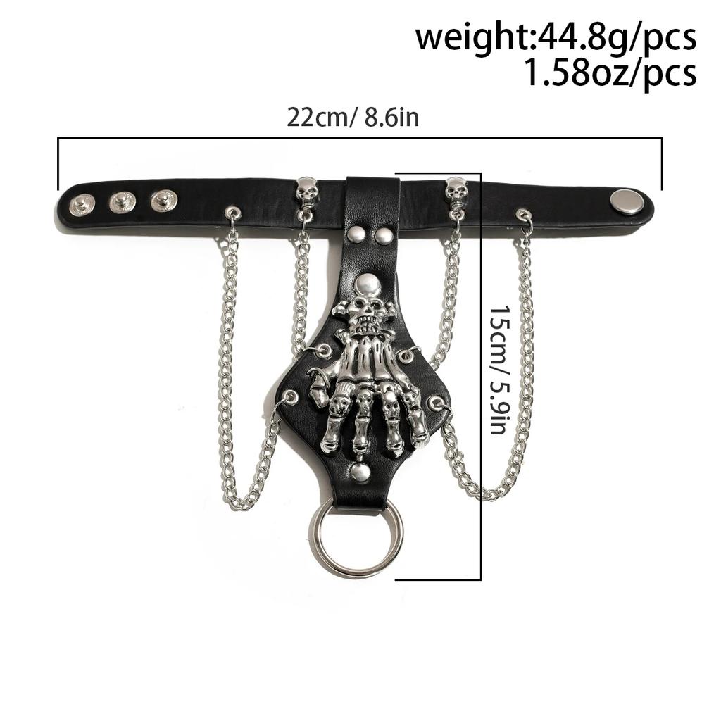 Goth Black PU Leather Skull Finger Wrist Chains Rings Bracelets Women Punk Hand Bangles Halloween Grunge Jewelry Steampunk Men