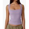 Women square neck wide strap ruched tank top solid white slim casual camisole