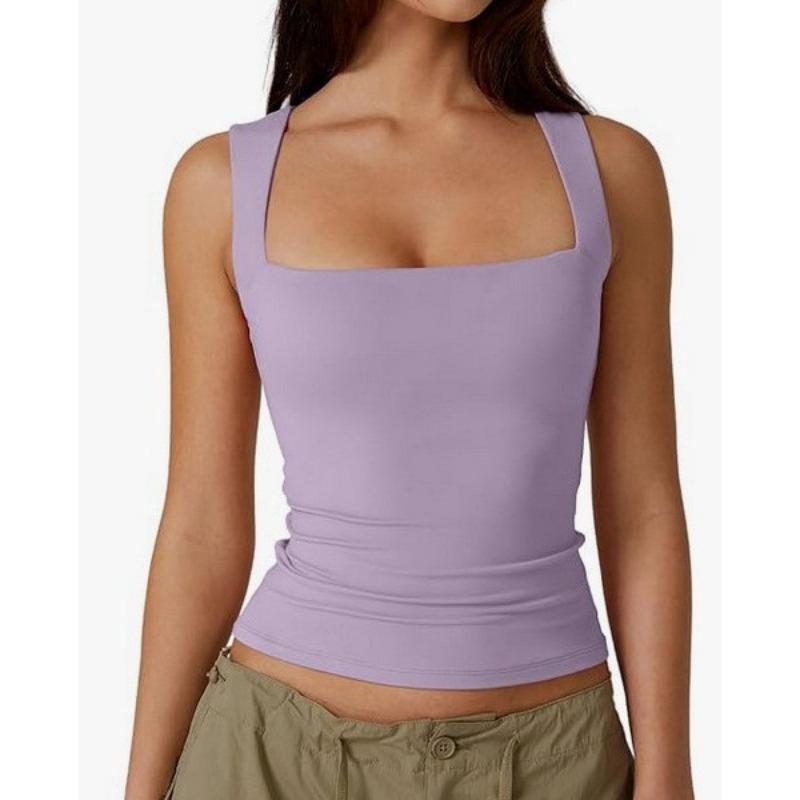 Women square neck wide strap ruched tank top solid white slim casual camisole