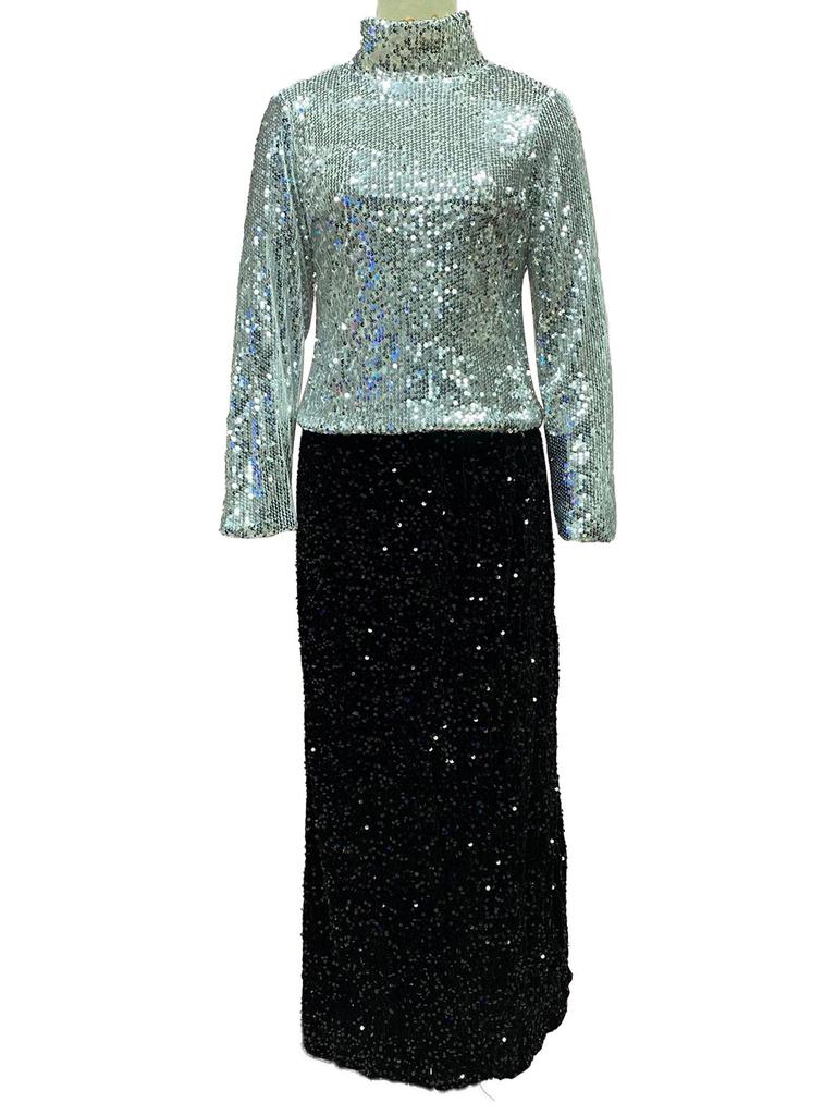 2025 High Waist Sequined Midi Skirt with Elastic Back Slit for Women