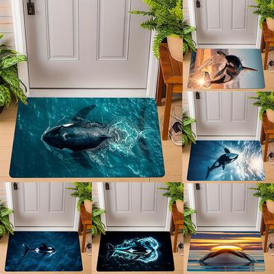 Realistisches Orca-Muster Fußmatte Niedliche Schwertwal-Designs mit Ozean-Sonnenuntergang Spritzende Wasserszenen Rutschfeste Fußmatte
