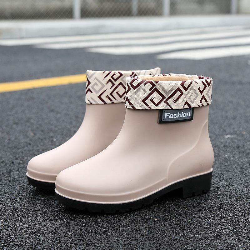Rain shoes women wear short tube flat non-slip water shoes flat rain boots warm short rubber shoes
