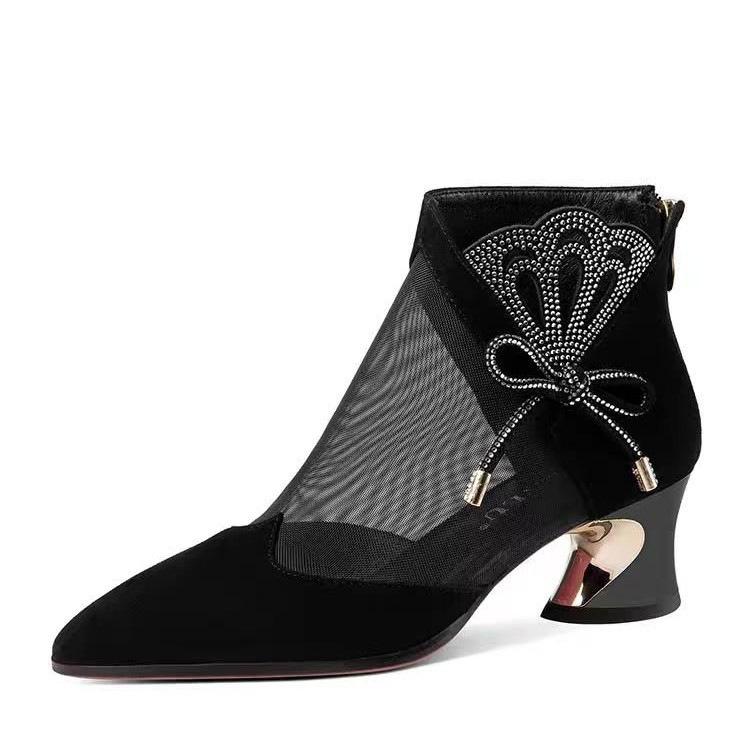 Baotou High-heeled Cool Boots Women's Thick-heeled Mesh Hollowed-out Sandals Women's Summer New Fashion Rhinestone Bow Versatile Net Boots