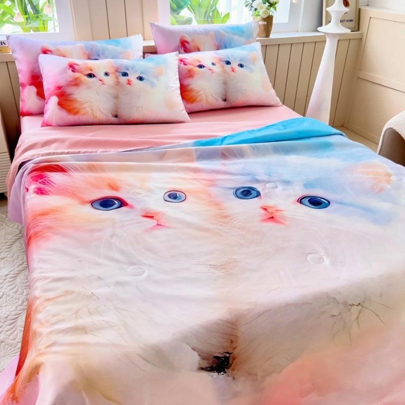 Class A Summer Quilt Four-piece Series Cute Cat Rabbit Printing Four-piece Summer Quilt Sheet Pillowcase