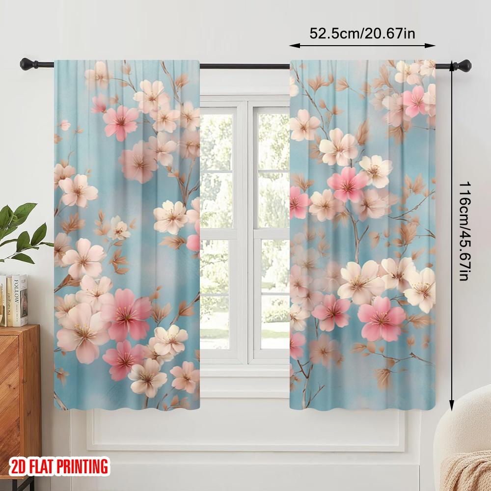 2pcs,2D plane printing Curtains Digital Printed Cherry Blossoms on Blue Versatile Durable Polyester (without rod) Festive