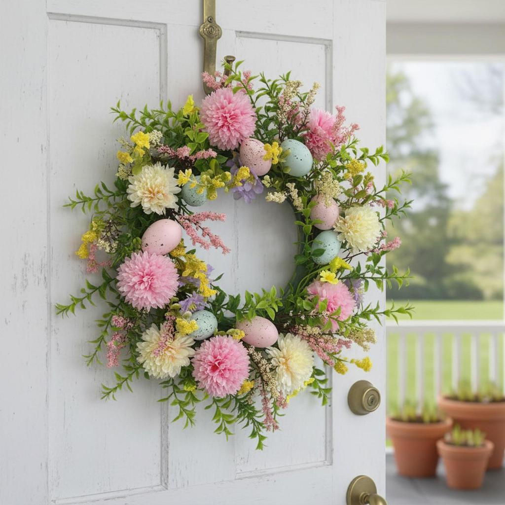 Easter Wreath Colorful Eggs Daisies Spring Garland 15.75inch Artificial Easter Outdoor Door Wreaths for Home Porch Window Wall