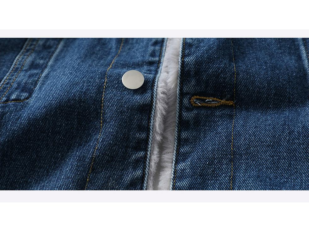 2025 Men's Autumn/Winter Denim Jacket with Faux Rabbit Fur Collar, Cotton Texture, Fleece-Lined, Washed Finish.