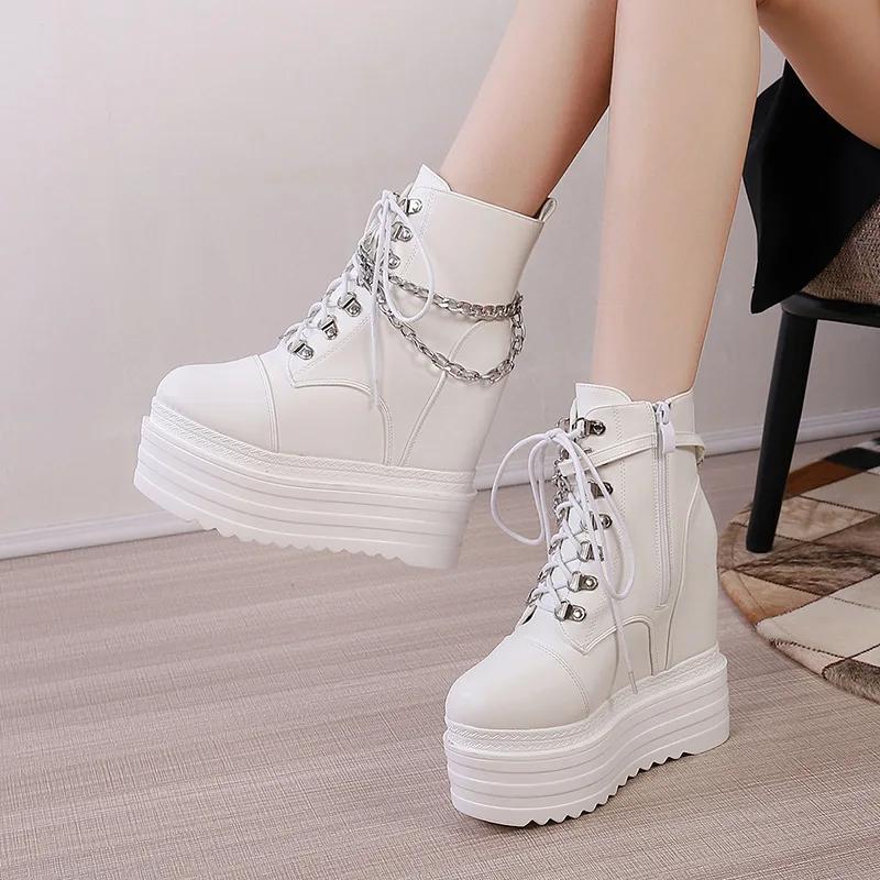 Fashion 14cm PU Microfiber Platform Wedge Women Ankle Boots Winter Plush Autumn Spring Women Shoes Hidden Super Heels British ZIP