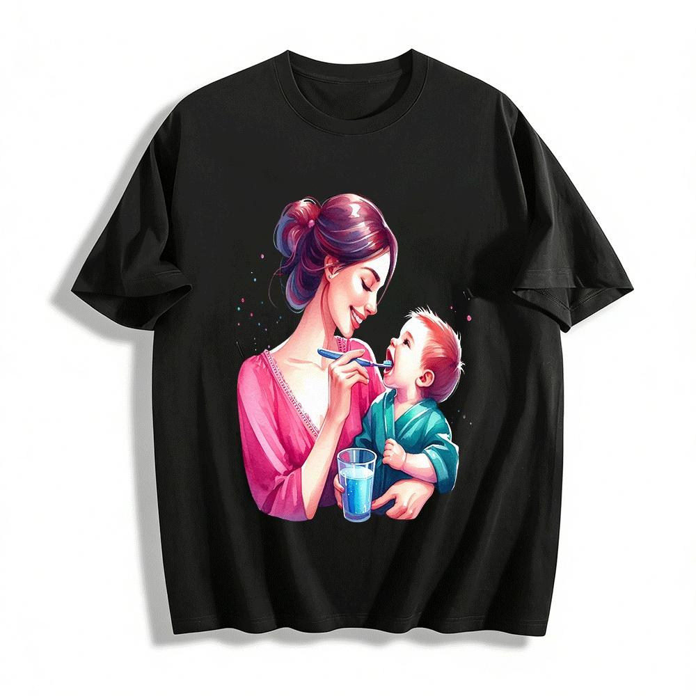Warm Parent-child Tooth-brushing Print Adult Top Pure cotton T-shirt XXS