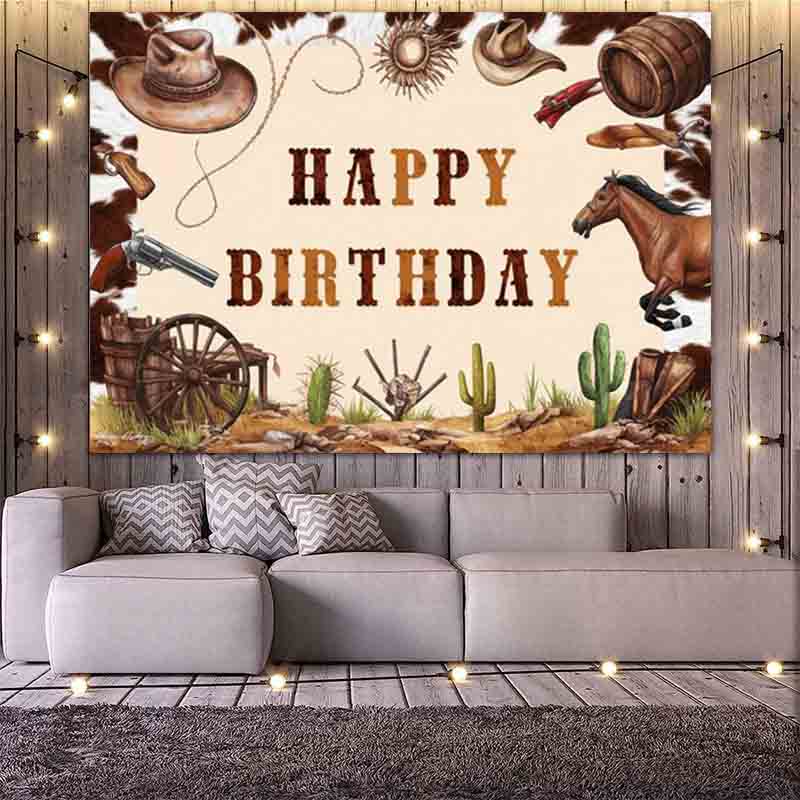 Western Cowboy Happy Birthday Photography Backdrop Cow Print Cowboy Hat Horse Cactus Wild West Boys Birthday Party Photo