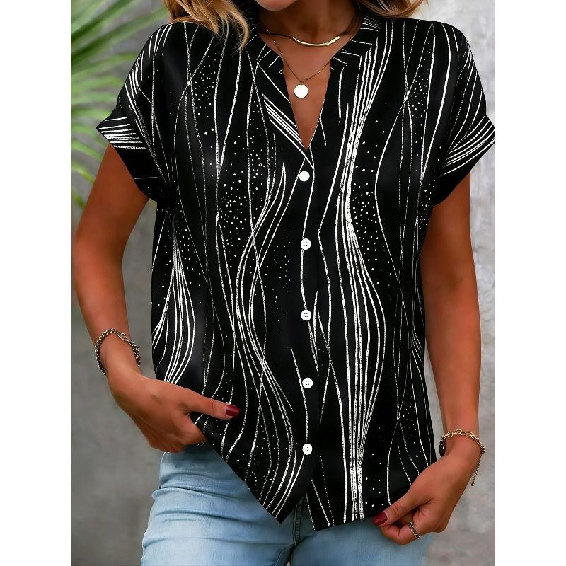 2026 New Plus Size Women's Clothing Short Sleeve Button Shirt Striped Women's V-Neck Short Sleeve Blouse Casual Top
