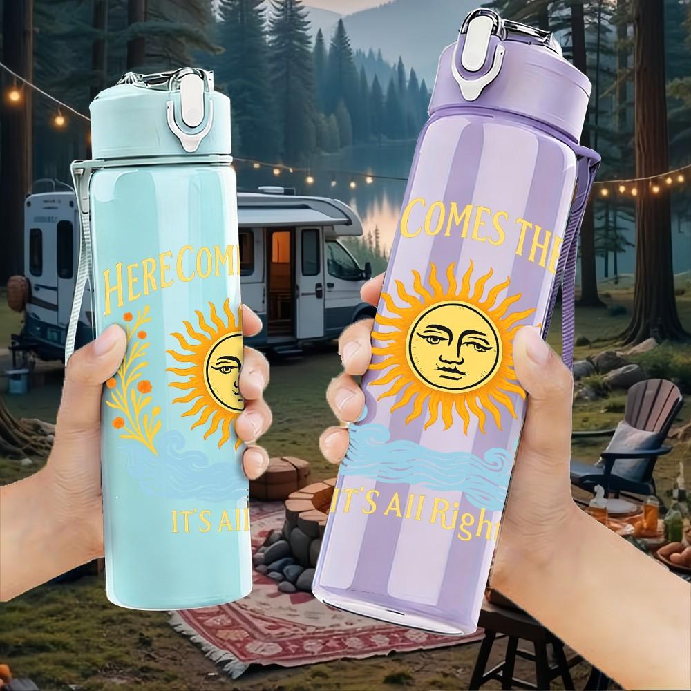 1PC Welcome The Sun Retro Sun Art 750ml Color Plastic Sports Water Bottle Leakproof Flip Straw Lid Suitable for Sports Office Home Use