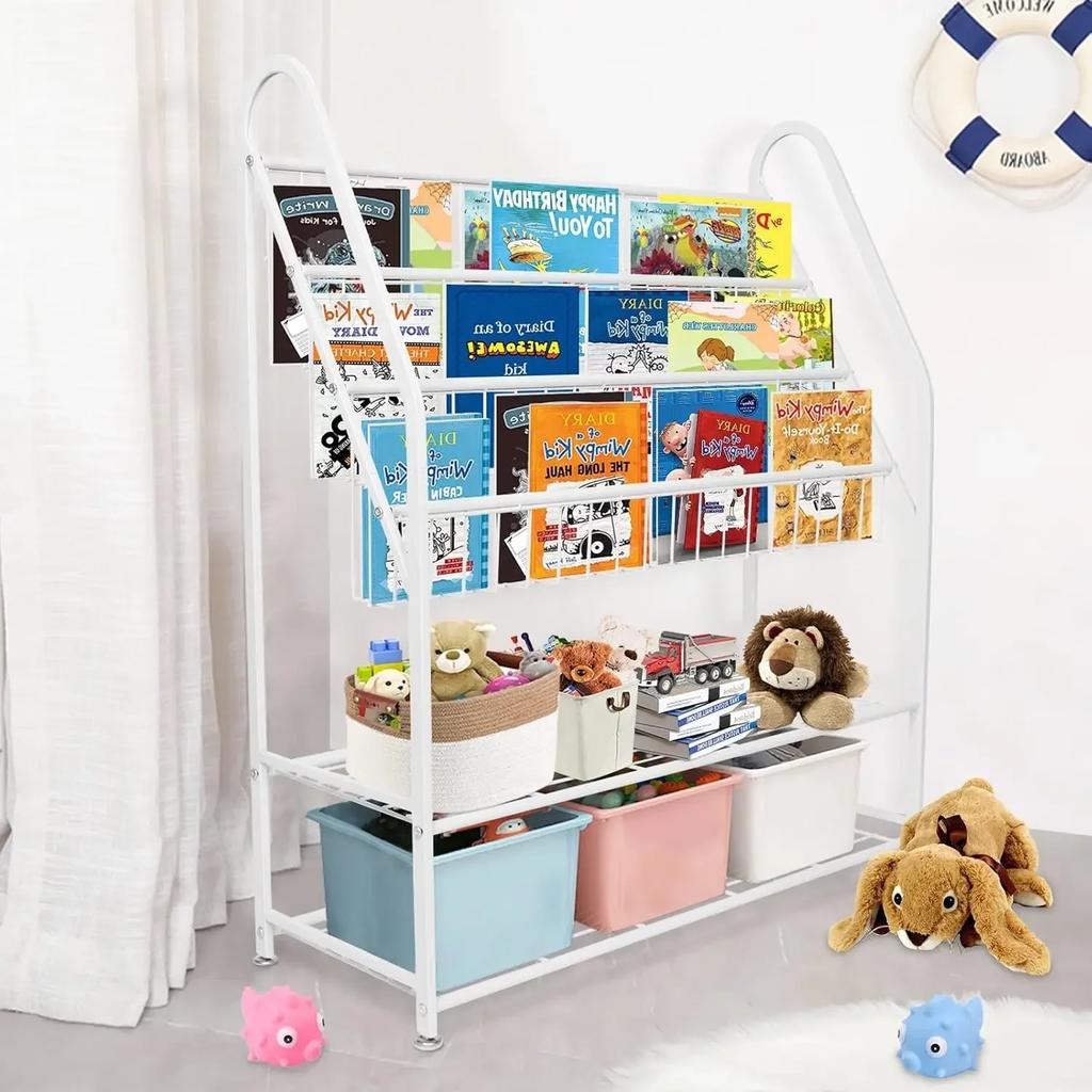 Metal Kids Bookshelf Freestanding Bookcase for Children Room Toy Organizer Modern MinimalistWhite Stable  Bedroom, Living