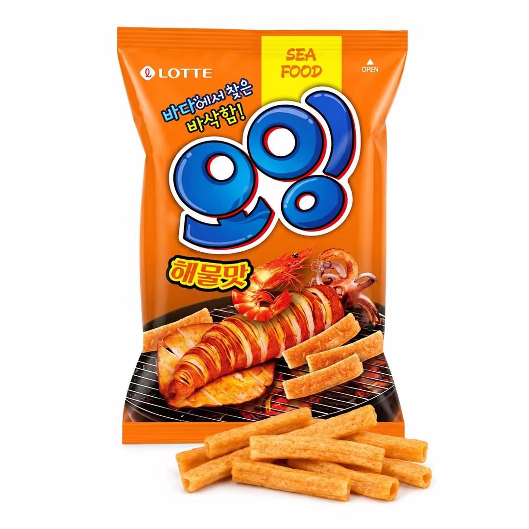 Lotte Squid‑Shrimp Crisp Sticks 75g Crispy puffed snack with rich umami seafood flavour Squid‑Shrimp Crisp Sticks