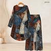 Women Plus Size Purple White Printed Round Neck Long Sleeve High Low Top Wide Leg Pants Two Piece Set
