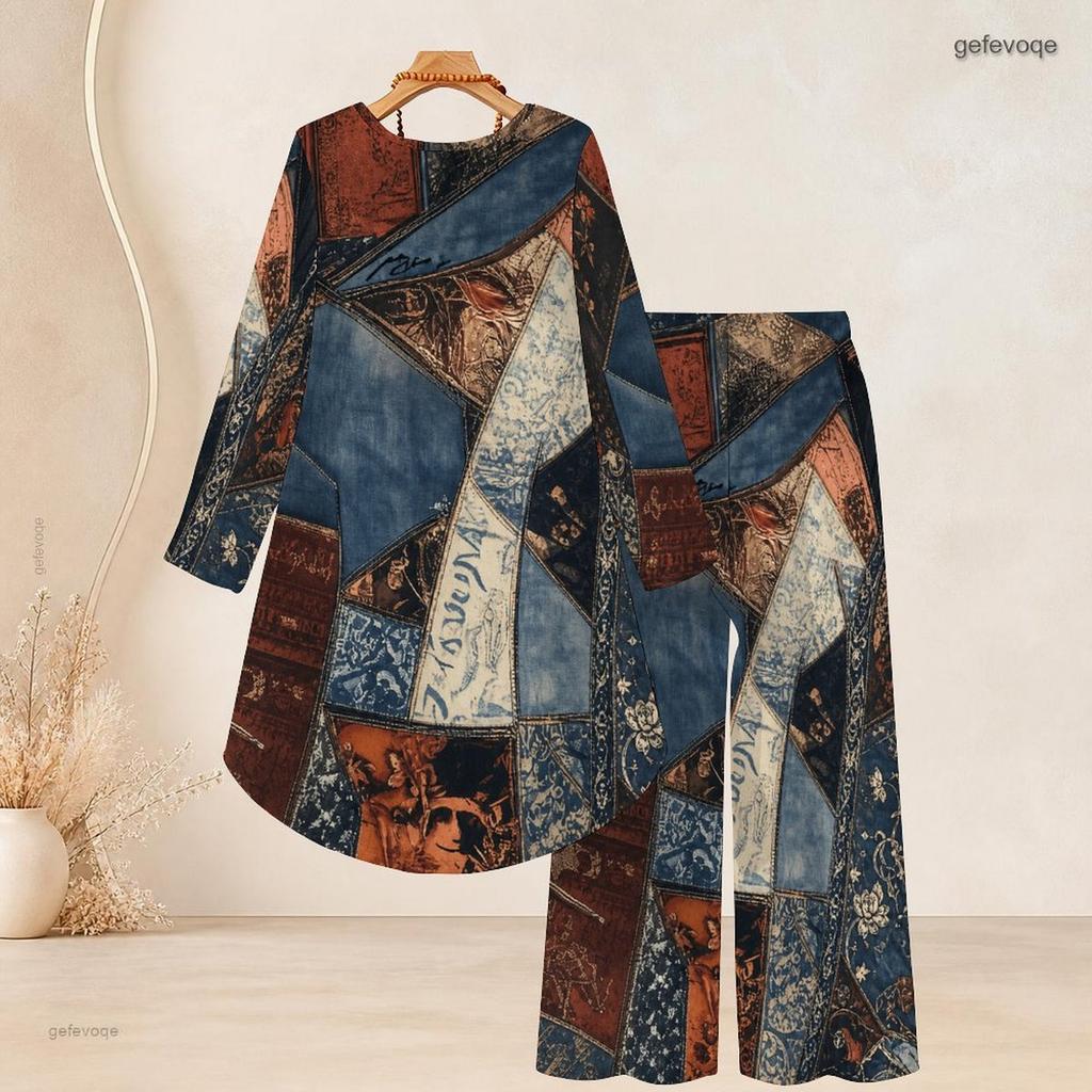 Women Plus Size Purple White Printed Round Neck Long Sleeve High Low Top Wide Leg Pants Two Piece Set