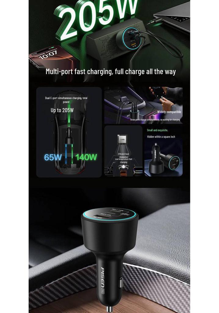 PISEN 205W Super Fast 3-Port Car Charger for Apple Devices with Cigarette Lighter Adapter
