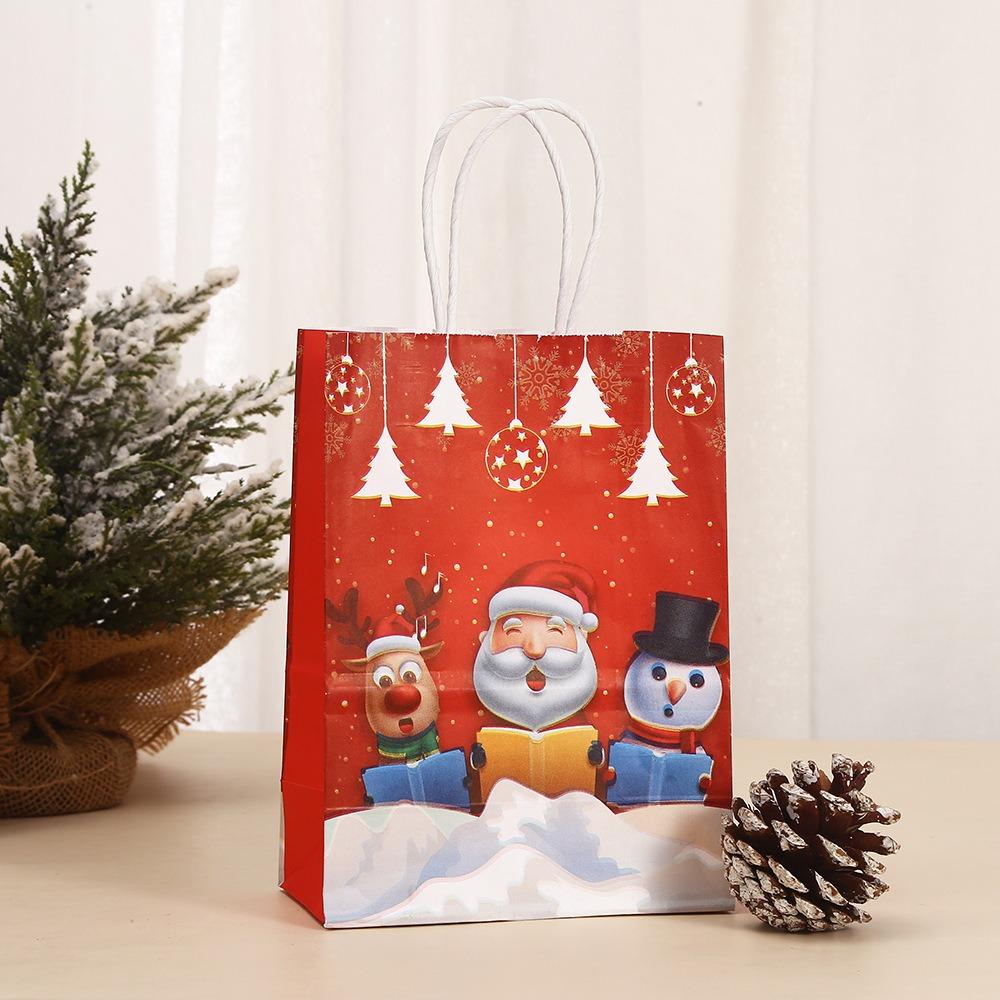 6Pcs Merry Christmas Kraft Paper Bags Santa Claus Red Paper Candy Biscuit Bags Elk Snowflake with Handle Gift Packaging Bags
