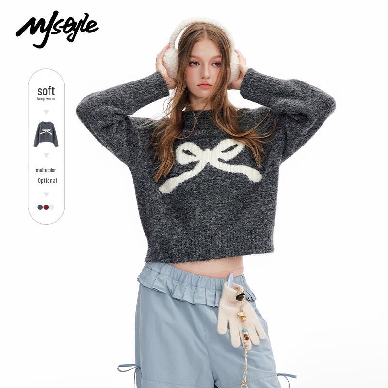 MJ STYLE Women's Contrast Bow Knit Sweater