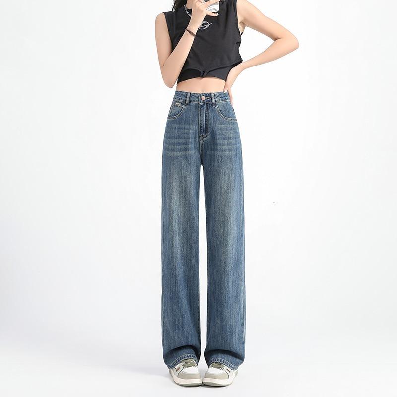 Damen Frühling Neue Retro Einfache Alles Hohe Taille Schlanke Schmale Version von Weitem Bein Langes Bein Gerade Jeanshose