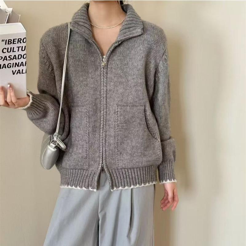 Contrasting color lapel simple casual knitted cardigan top women's autumn and winter new soft waxy loose sweater jacket tide