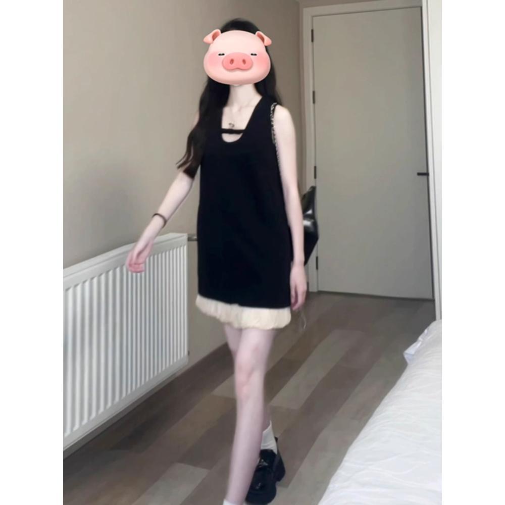 Little black dress, miu series spliced A-line short skirt, temperament, sleeveless vest dress, women's summer