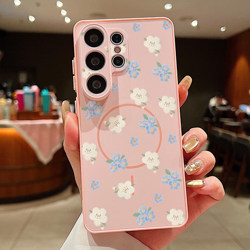 Magnetic For Magsafe Case For Samsung Galaxy S26 Ultra S25 Edge S24 Plus S23 FE S22 A54 A55 A56 5G Blue Flowers Pattern Matte Cover
