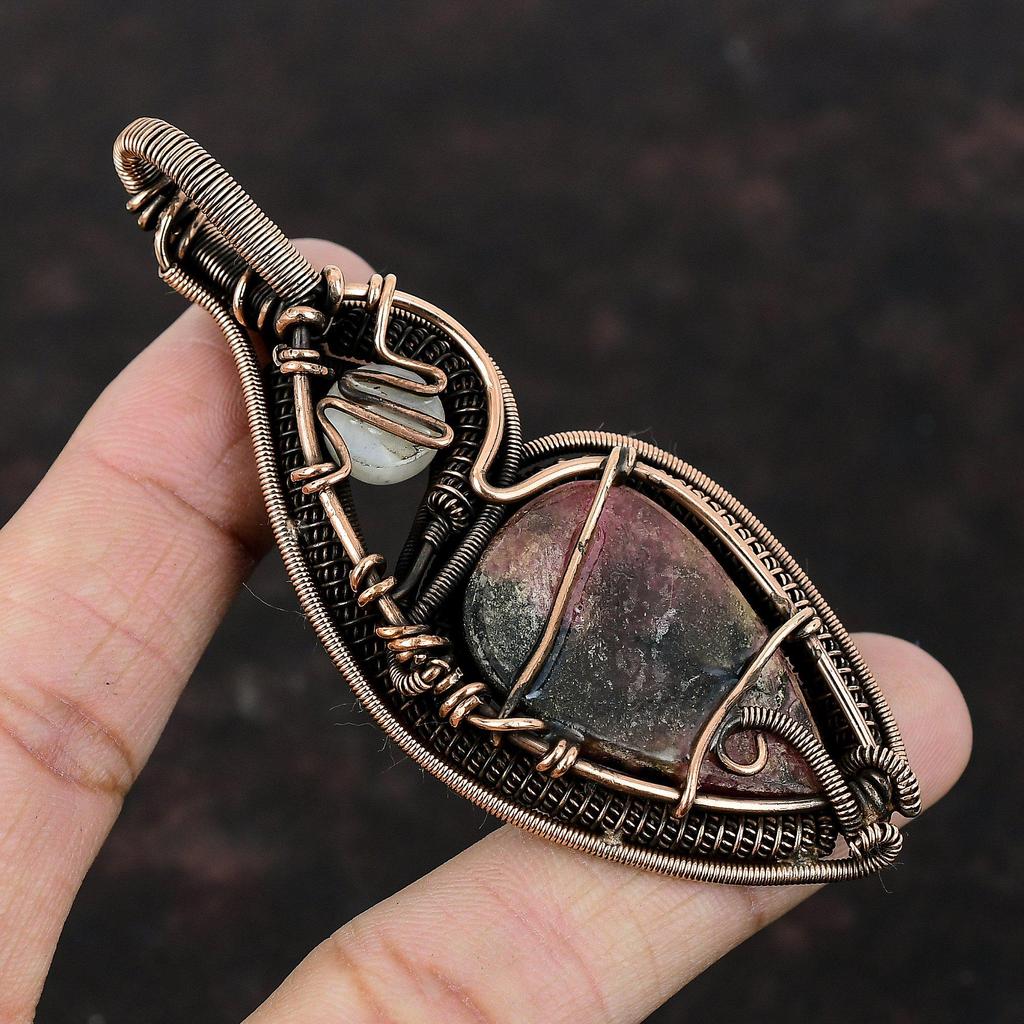 Rhodonite Pendant Copper Wire Wrapped Jewelry Handmade Pendant Rainbow Moonstone Jewelry Copper Wire Pendant Gemstone Jewelry Gift For Women