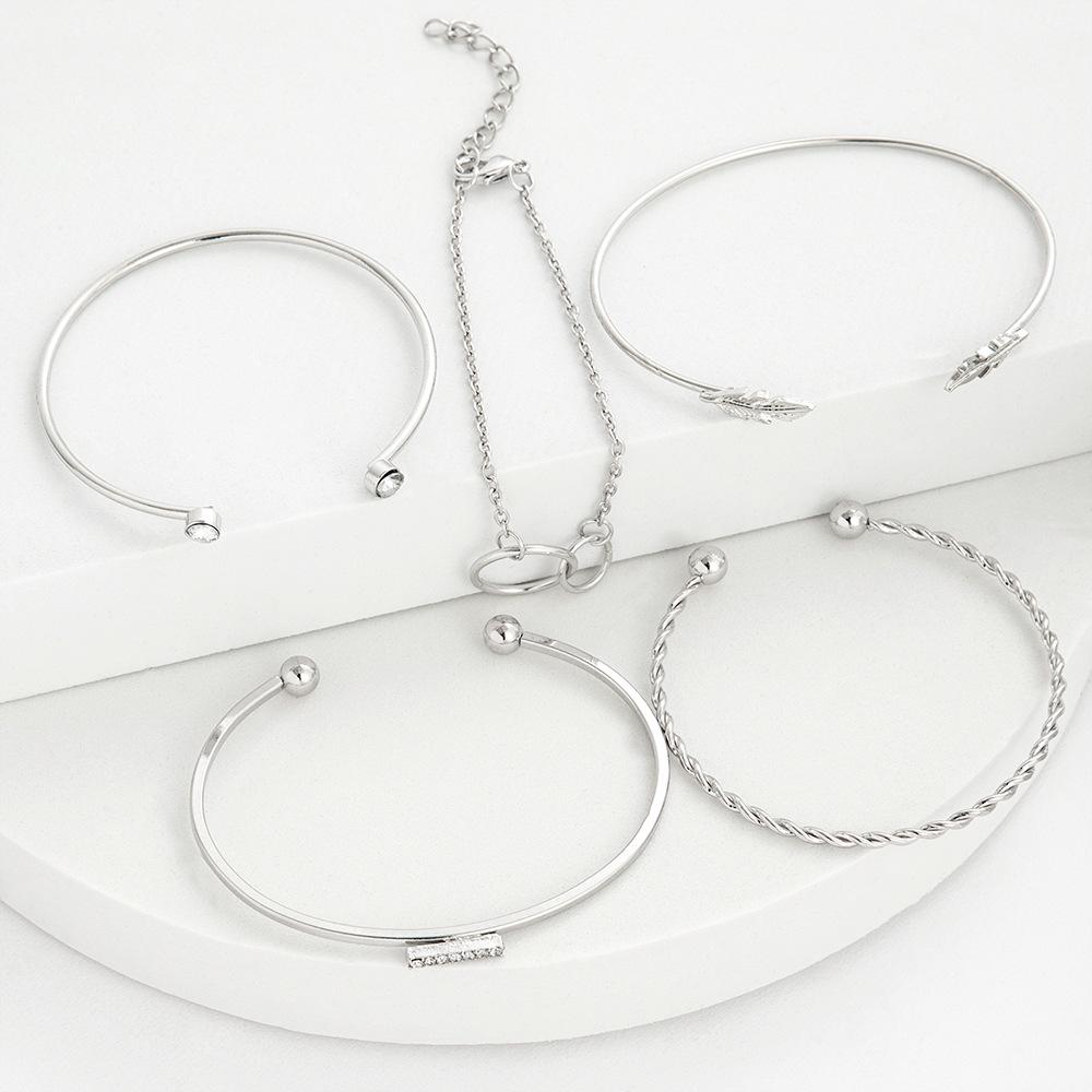 European Rhinestone Leaf & Bar Bracelet Set: Five-Piece Twisted Circle Design