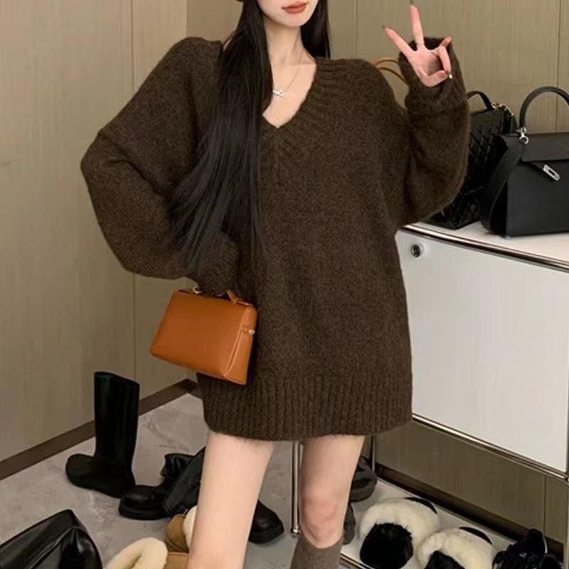 Lazy wind loose inner V-neck brown sweater women's autumn and winter new high-end small top