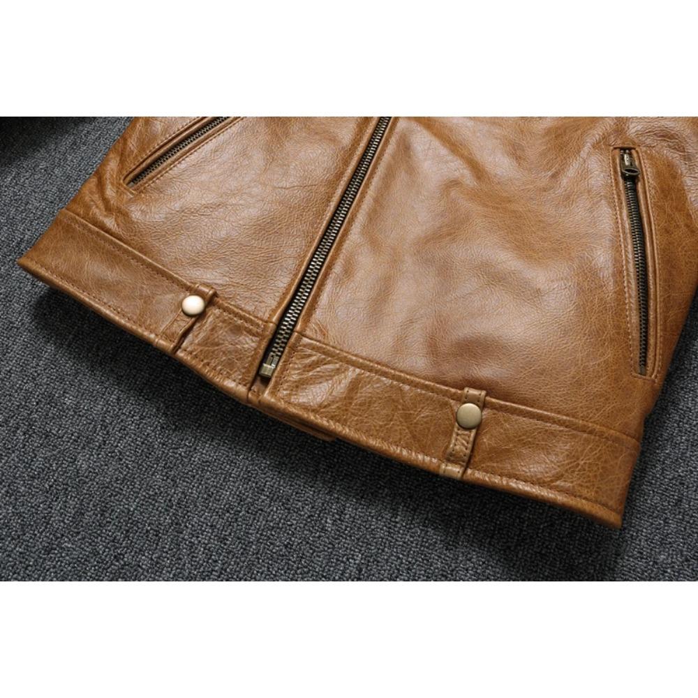 Chinese Size Men Leather Jackets Oil Waxed Yellow Brown Genuine Cow Leather Jacket for Men Cowhide Motorcycle Biker Jackets