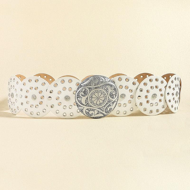 Women's Western Denim Belt High Quality Metal Hollow Ladies Trend Wide Waistband Vintage Personalized Round Belts EMA