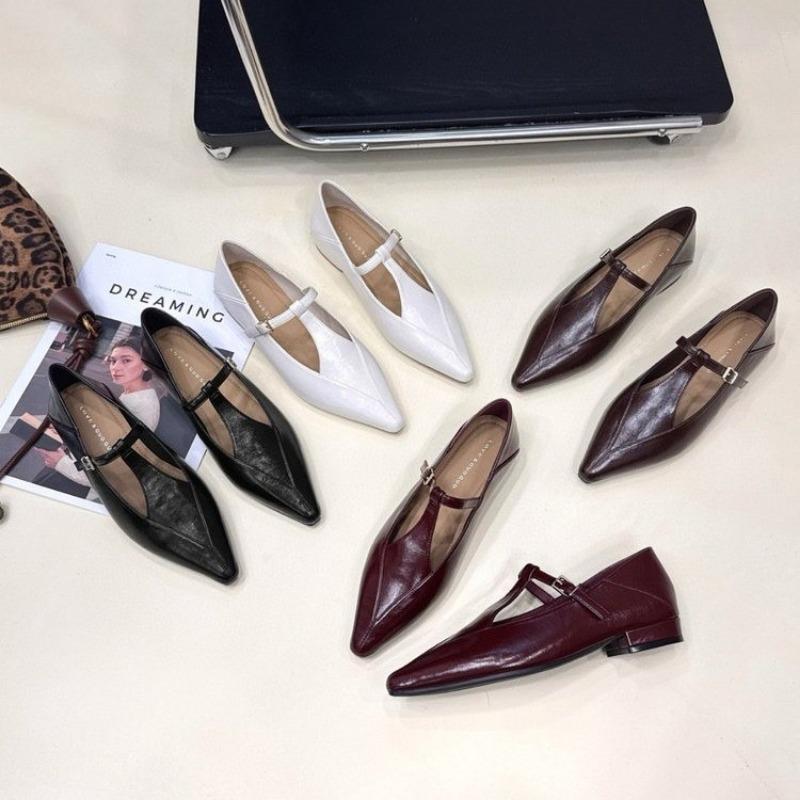 Fashion Women Pumps Fashion T-belt Buckle Pointed Toe Leather Shoes  Comfort Flats Female Elegant Low Heels Wedding Party Dress Shoes