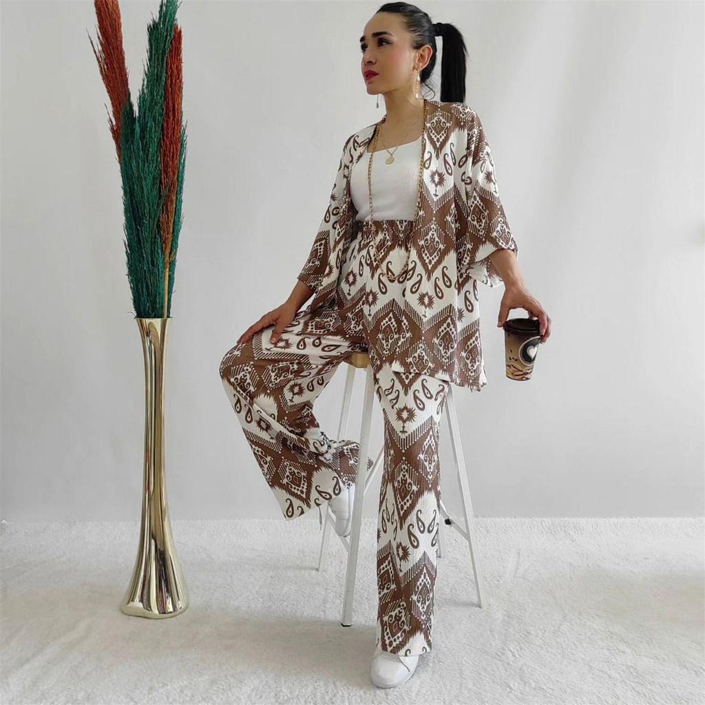 Temu 2024 Summer Women's Loose Plus Size Printed Set: Mid-Sleeve Shirt & Wide-Leg Pants