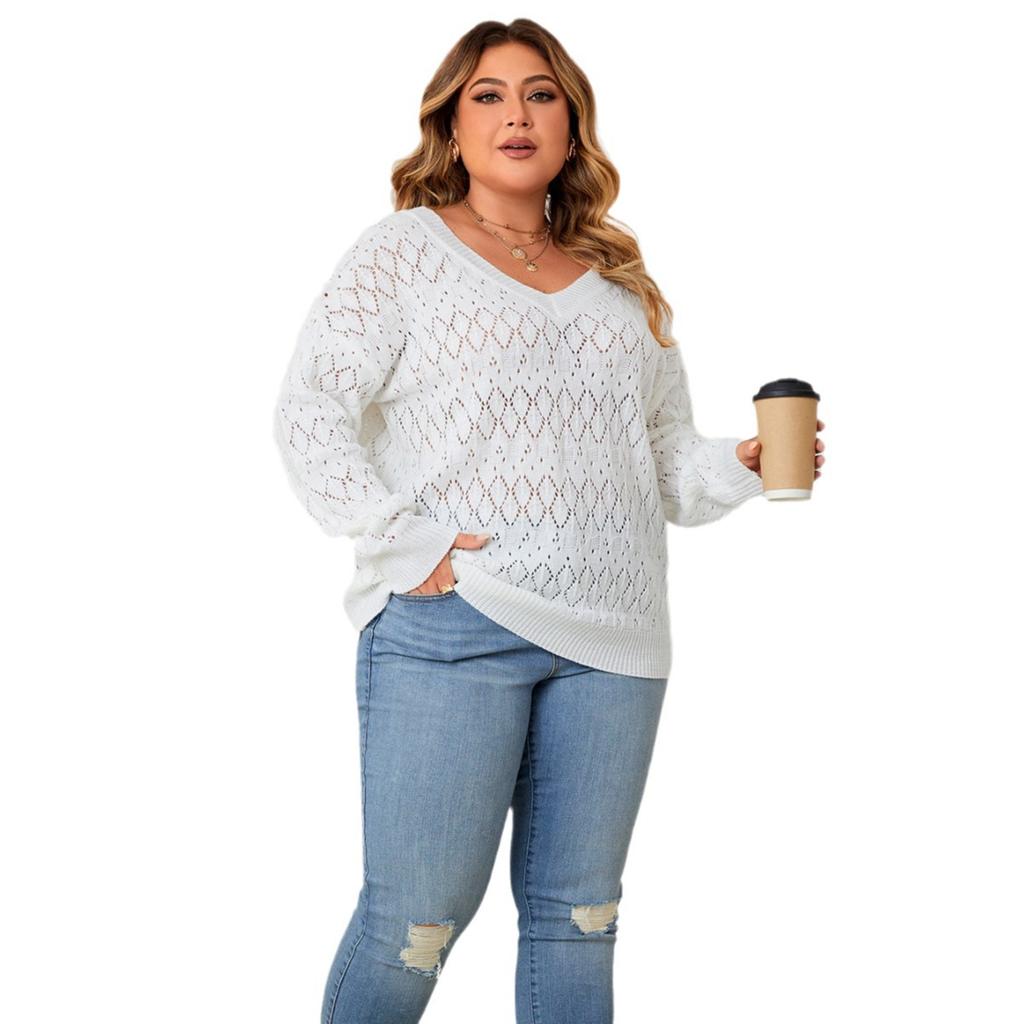 Fall Women's Round Neck Pullover Knit Sweater Plus Size Hollow Out V-Neck Tops