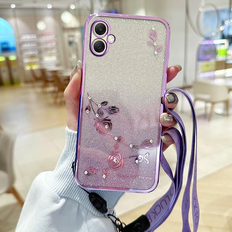 

KADEM For Samsung Galaxy A06 4G Case Flower Pattern TPU Gradient Phone Cover with Lanyards Purple