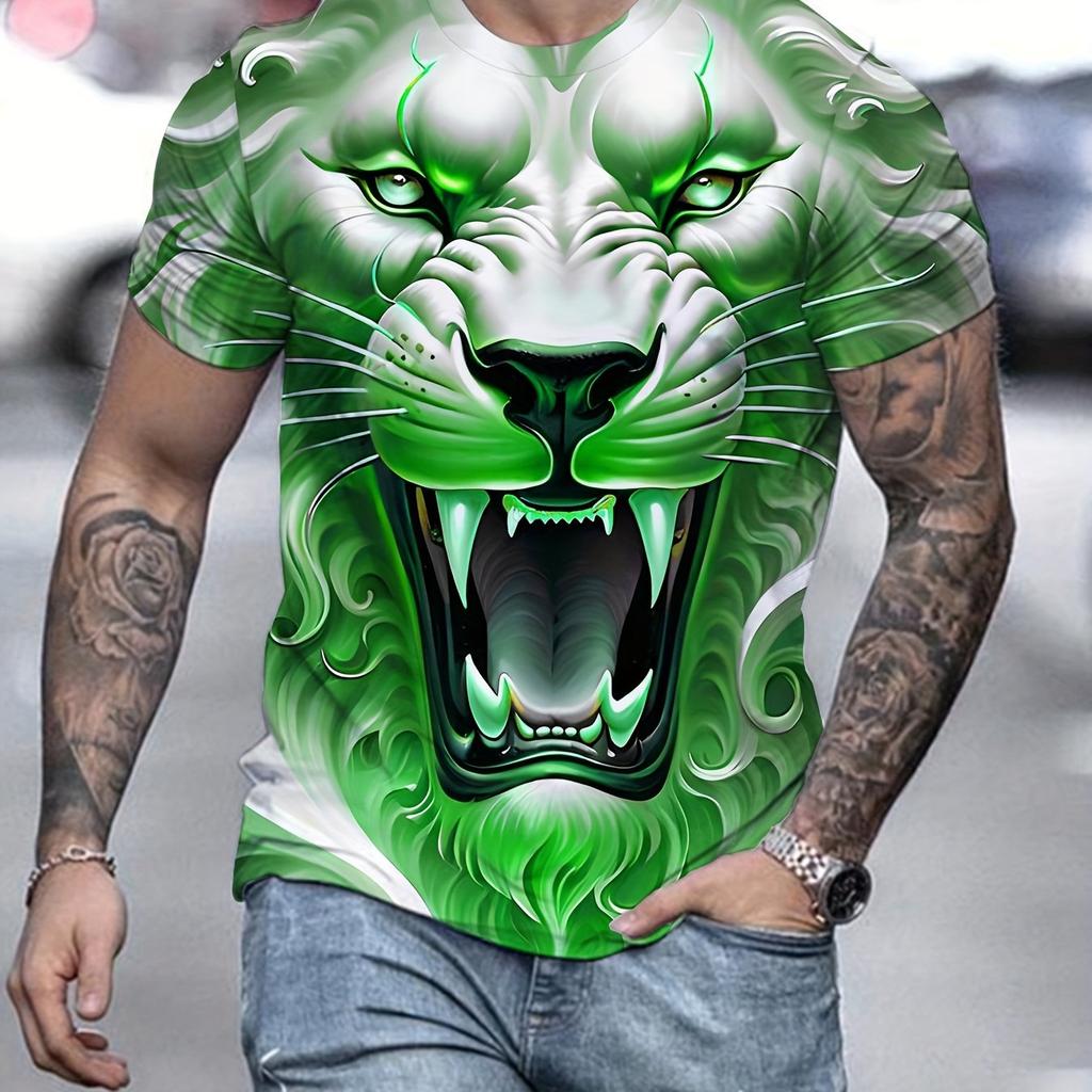 T-shirt da uomo con leone ruggente 3D Blu Freddo Grafica Re Animale Stampata Manica Corta Casual Girocollo Pullover Streetwear Punk Tee Top Abbigliamento da Uomo