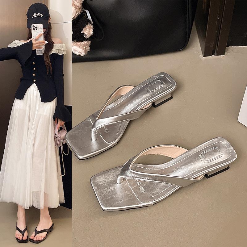 2025 spring and autumn new high-heeled slippers French fashion simple style patent leather fine-heeled flip-flops