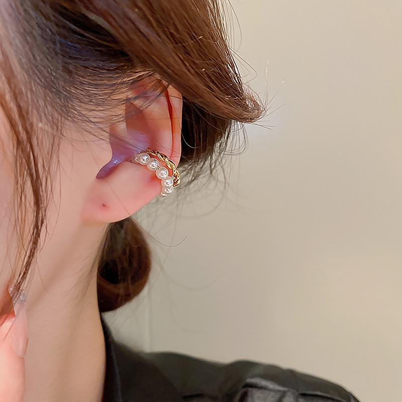 Korean Gold Color Double-Layer Circle Twist Pearl Ear Cuff Vintage Geometric Circle Earcuff Fake Piercing Pearls Clip
