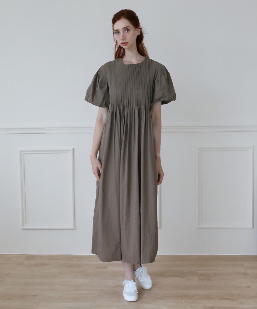 Keulleiseu Puff Sleeve Short-Sleeve Long Dress_Brown