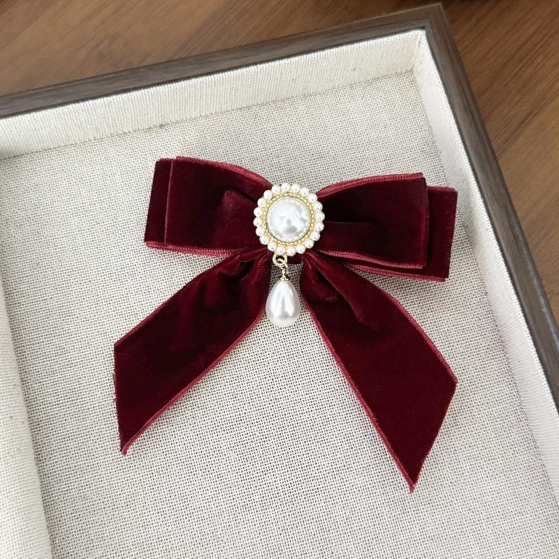 Retro Imitation Pearl Velvet Bow Hair Clip for Women Elegant Back-of-the-Head Hairpin for Banquets And Parties