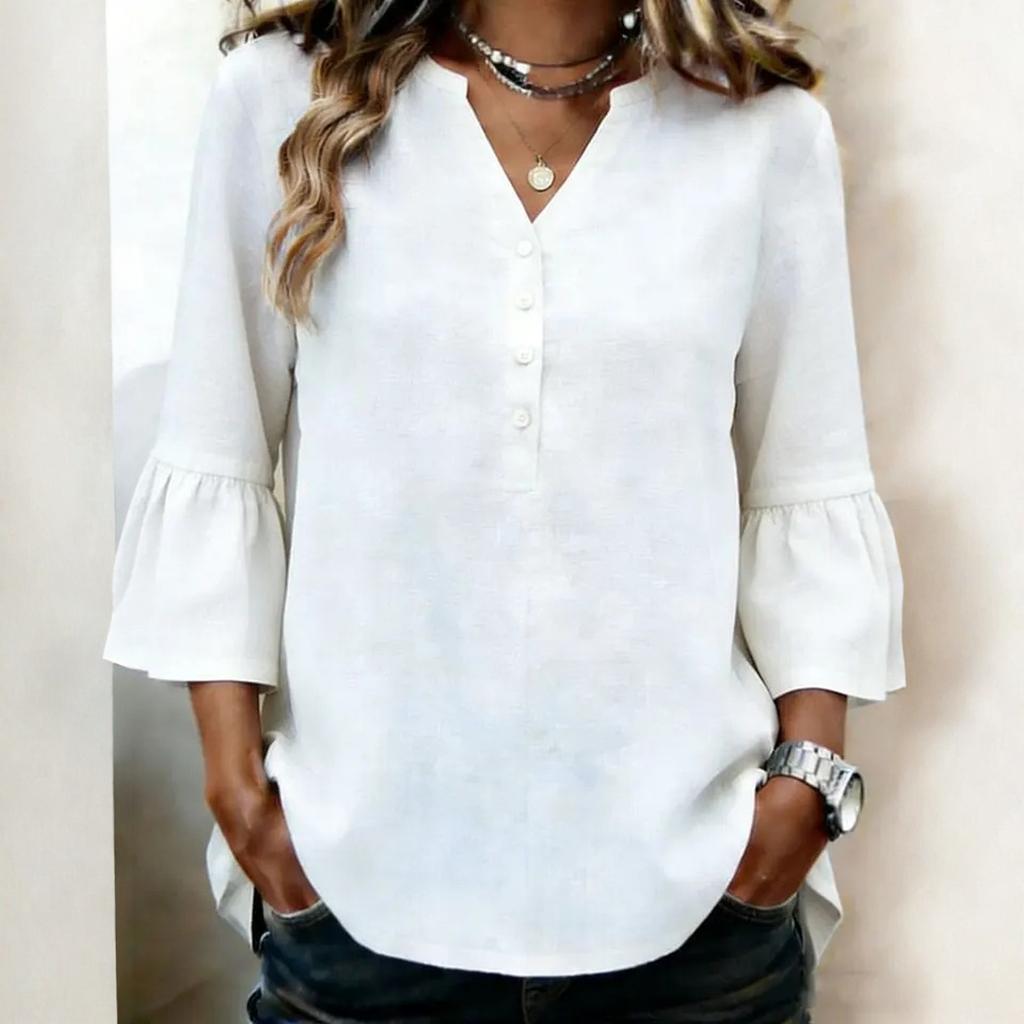 Women's Casual Solid Color Blouse Button Down V Neck 3/4 Sleeve Loose Fit Lightweight Top for Summer Work Office and Everyday Wear