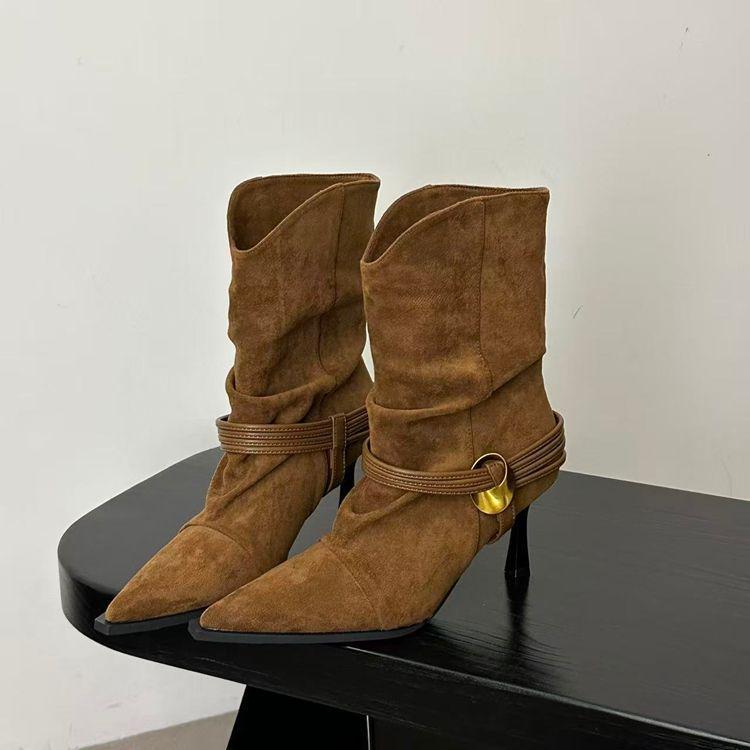 Euro-American Style Suede Slouch Ankle Boots with Pointed-Toe, Metal Buckle, and High Heels for Autumn/Winter 2025.