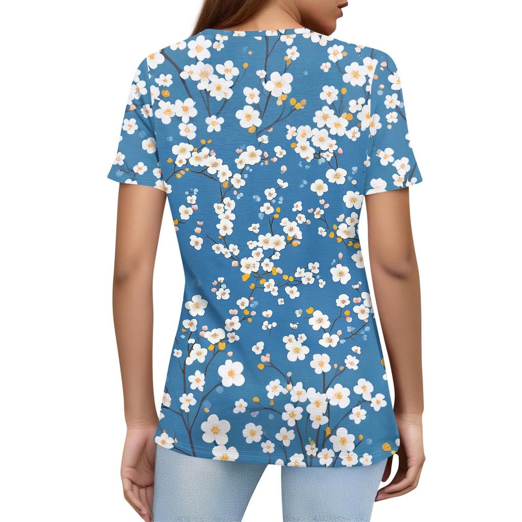 Women's T Shirt Print Button Short Sleeve Daily Weekend Fashion Basic V- Neck Regular Top